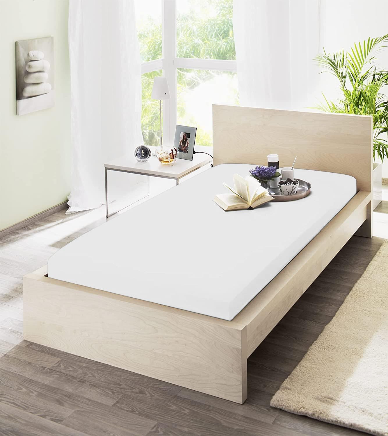 Spannbettuch Jersey mit Elasthan – 97% Baumwolle / 3% Elasthan, elastisches Spannbettlaken Weiß (90–100 × 200–220 cm)