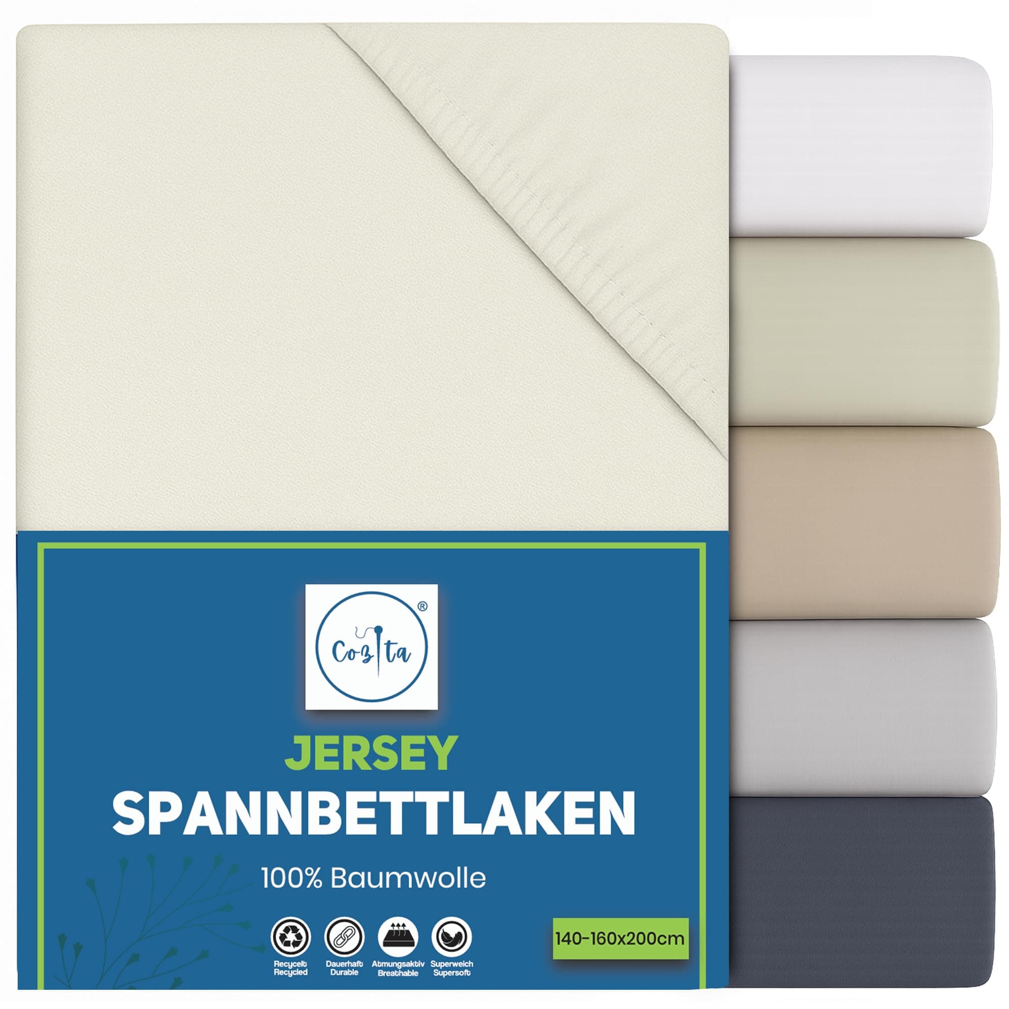Spannbettlaken 140x200 cm – 100% Baumwoll‑Jersey, passend für Matratzen bis 25 cm Höhe