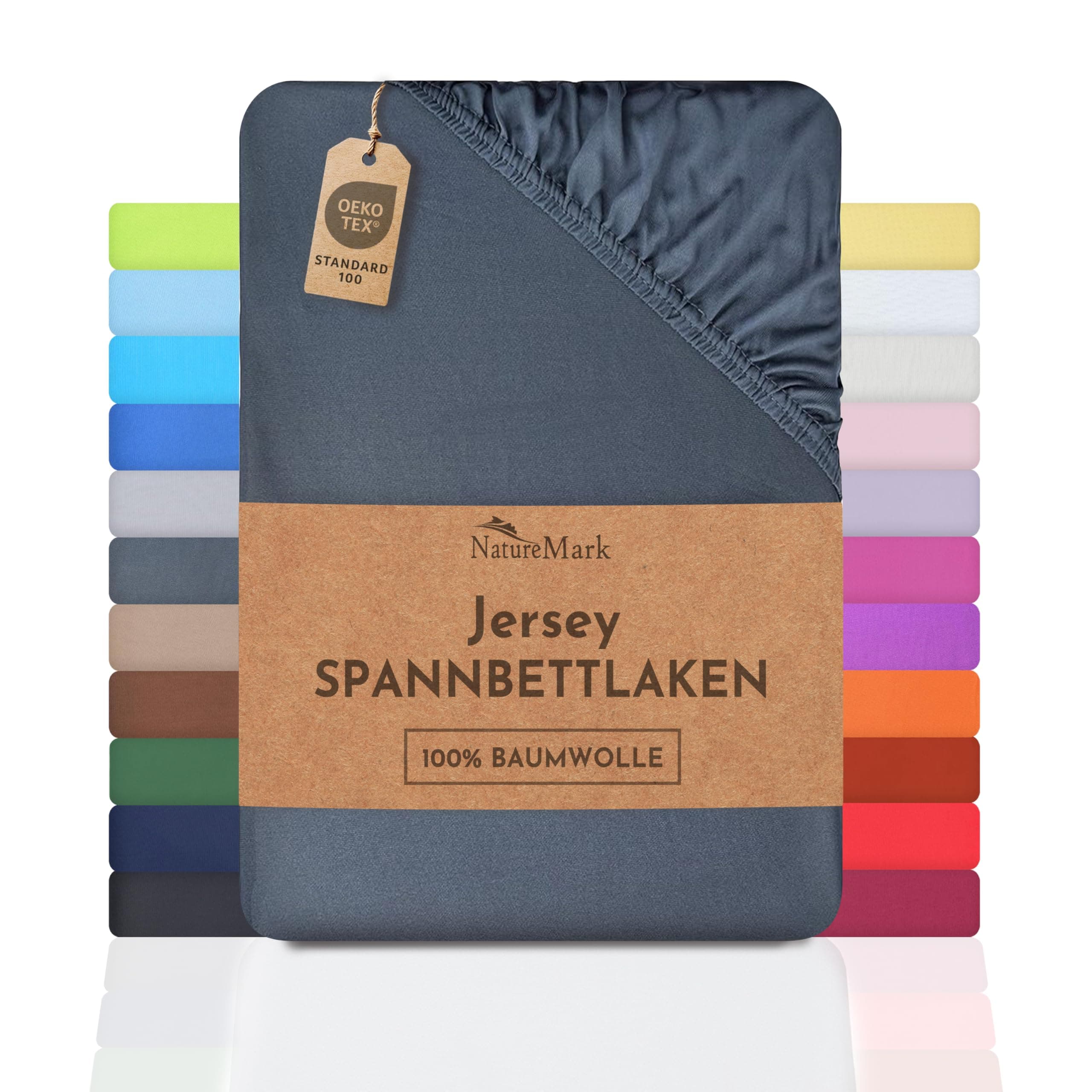 NatureMark Spannbettlaken / Spannbetttuch 100% Baumwolle, anthrazit – 90 x 200 bis 100 x 200 cm