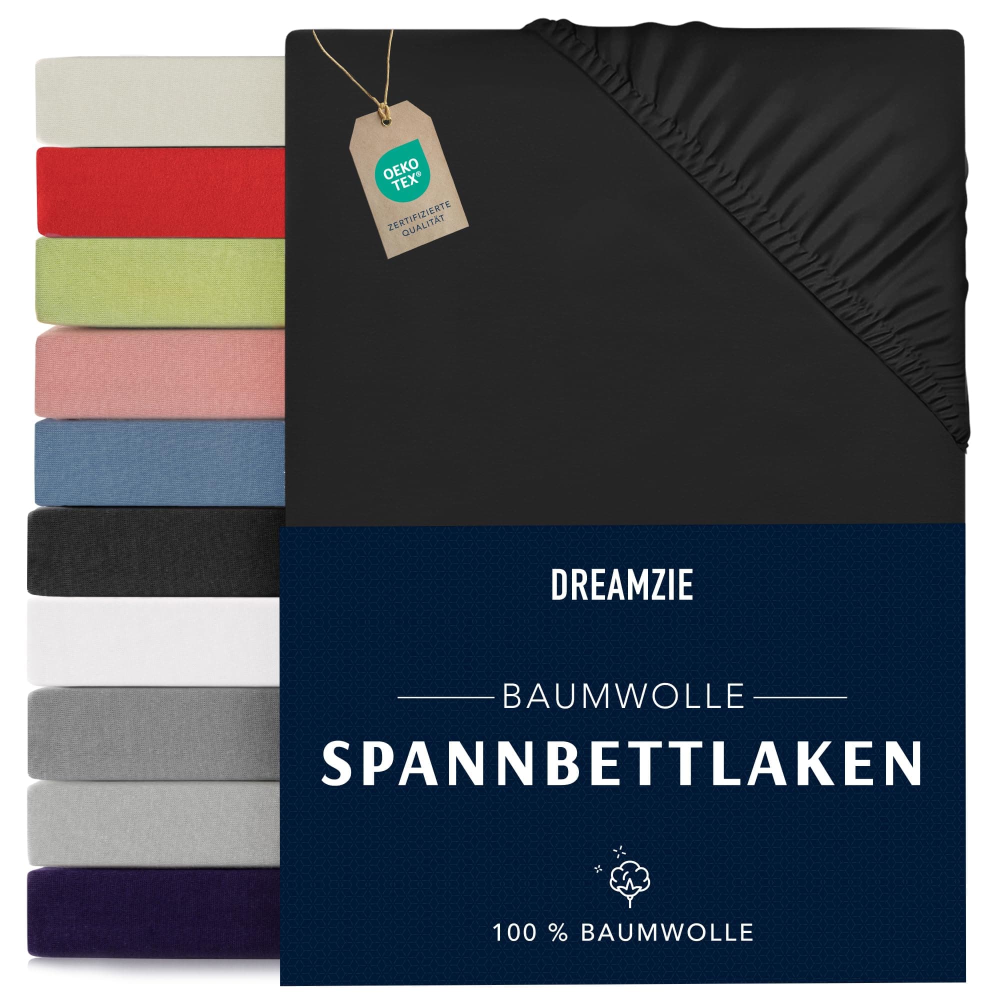 Dreamzie Spannbettlaken 80x190/200 cm – 100% Jersey-Baumwolle, OEKO-TEX® STANDARD 100, Schwarz