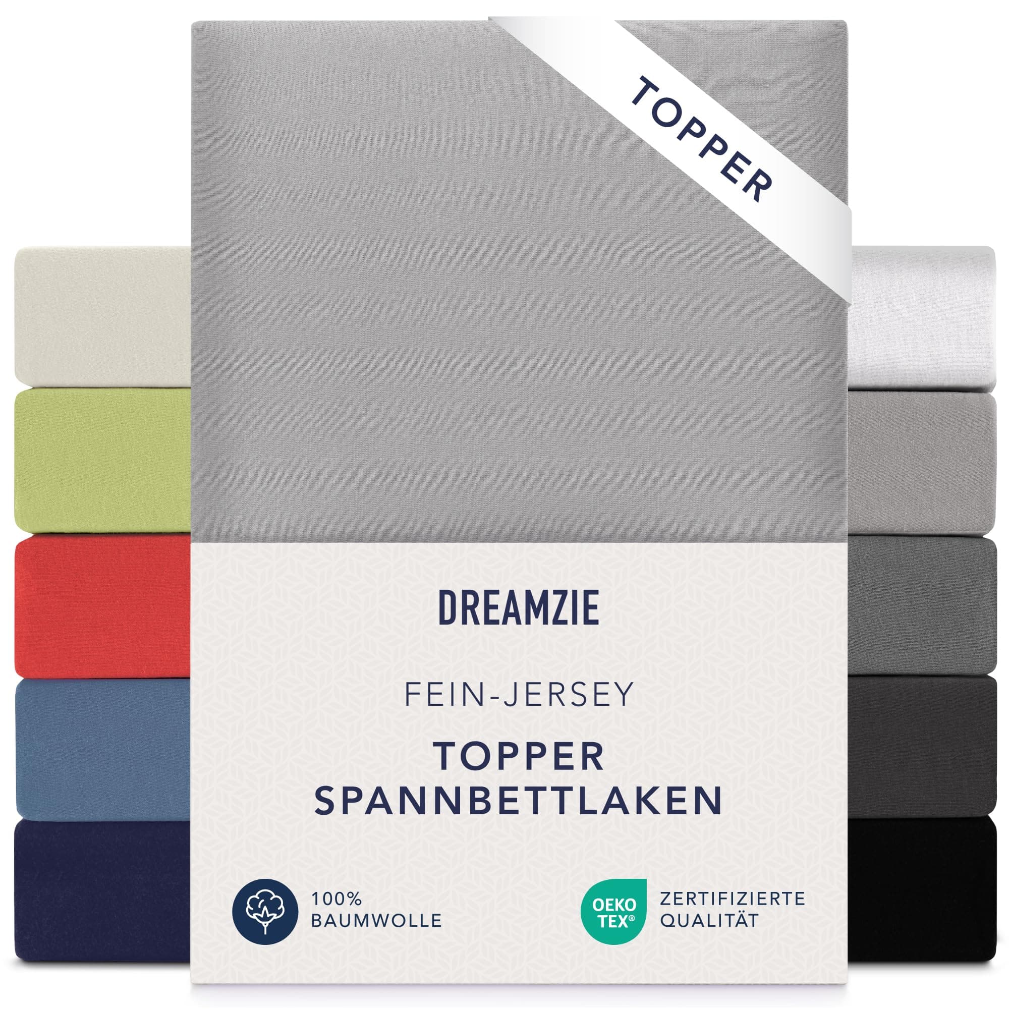 Dreamzie Topper-Spannbettlaken 180×200–200×200 cm – Jersey-Baumwolle 150 g/m², OEKO‑TEX STANDARD 100, extra niedrige Sei