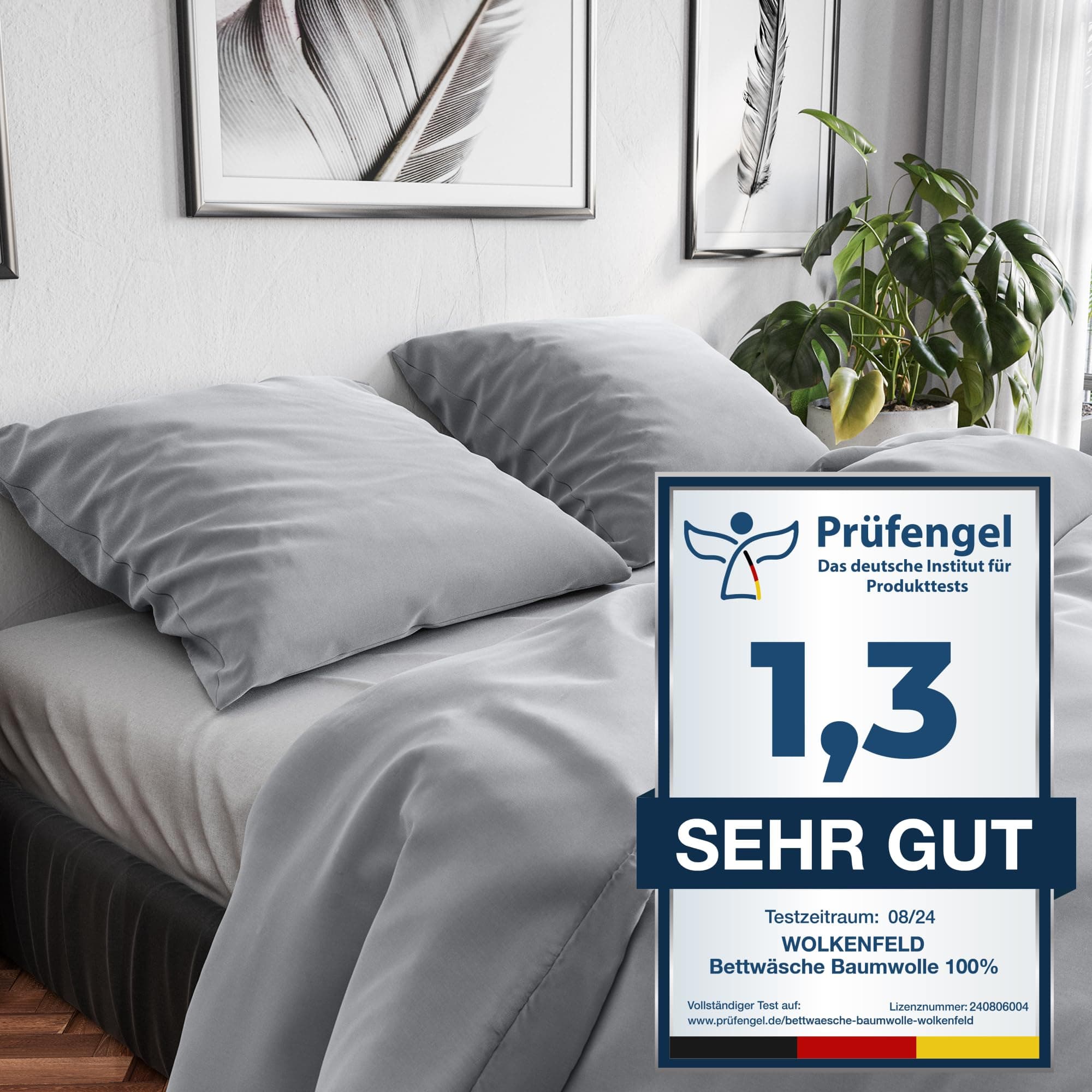 Wolkenfeld Baumwolle-Bettwäsche 135x200 mit Kissenbezug 80x80 – Atmungsaktiv, Hautfreundlich & Pflegeleicht – Hellgrau