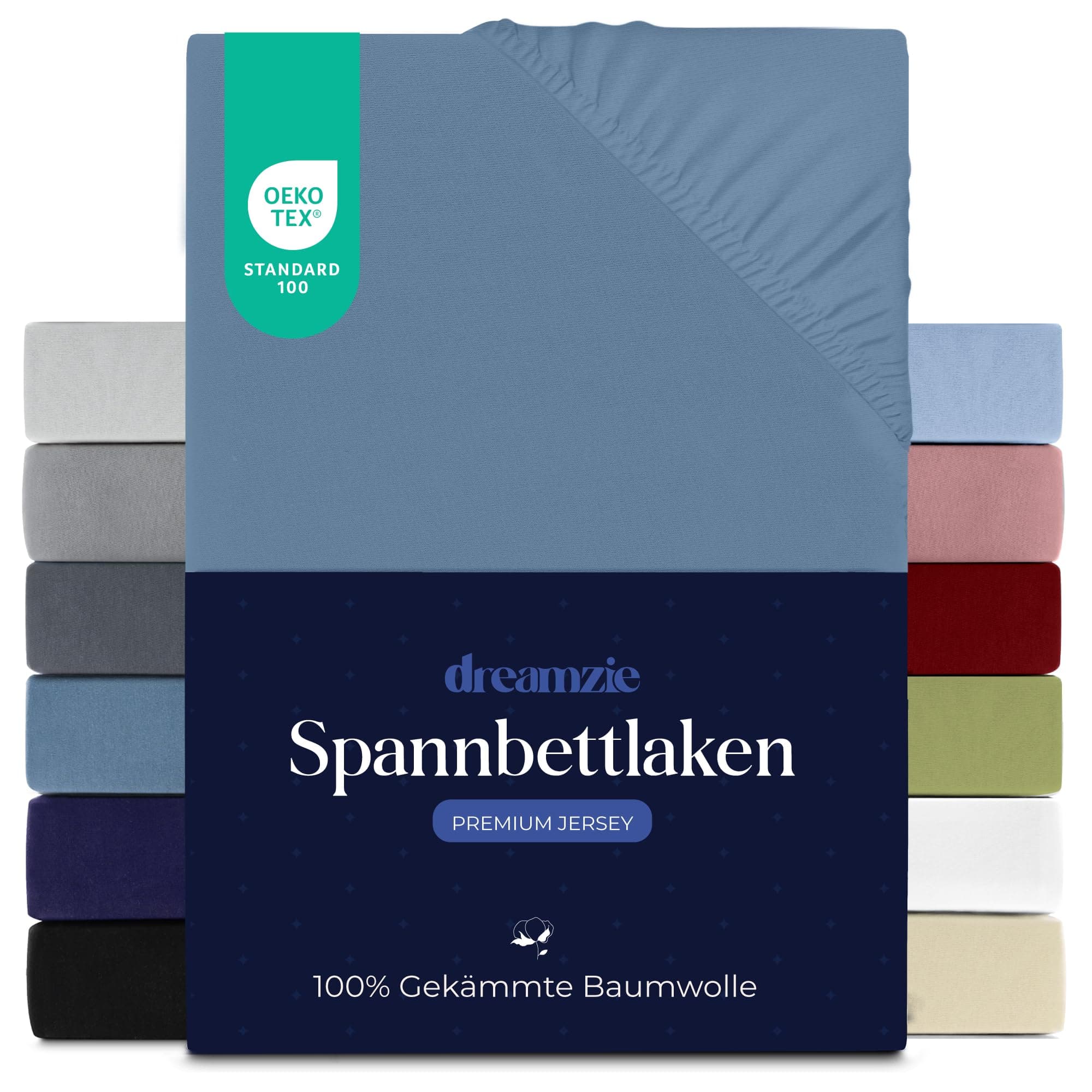 Dreamzie Premium Spannbettlaken 180x200 cm – Extra tief bis 27 cm, 100% Jersey-Baumwolle 150 g/m², Oeko‑TEX® STANDARD 10