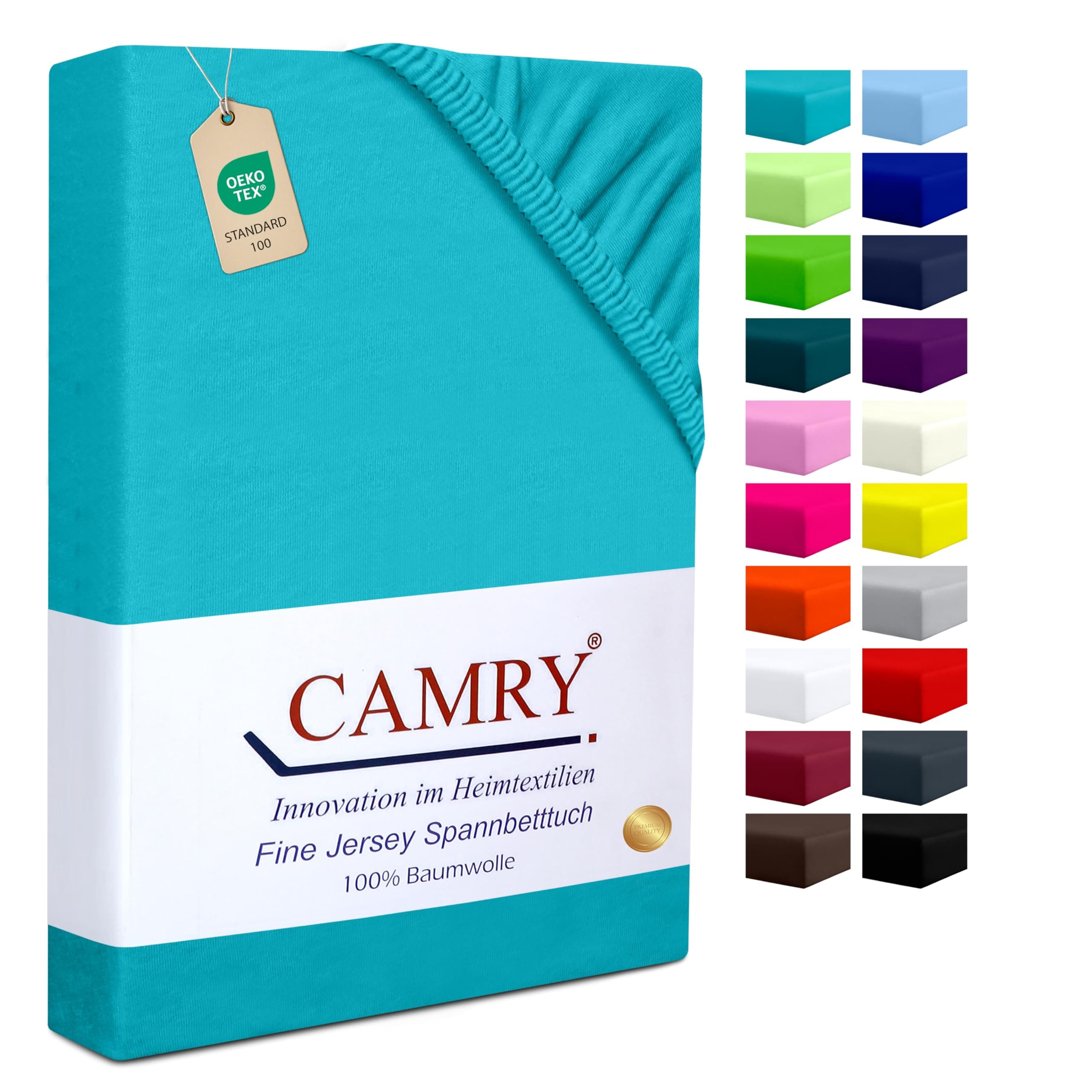 Camry Spannbettlaken 90–100×200 cm Türkis – Baumwolle Jersey, elastisch & atmungsaktiv, OEKO-TEX STANDARD 100