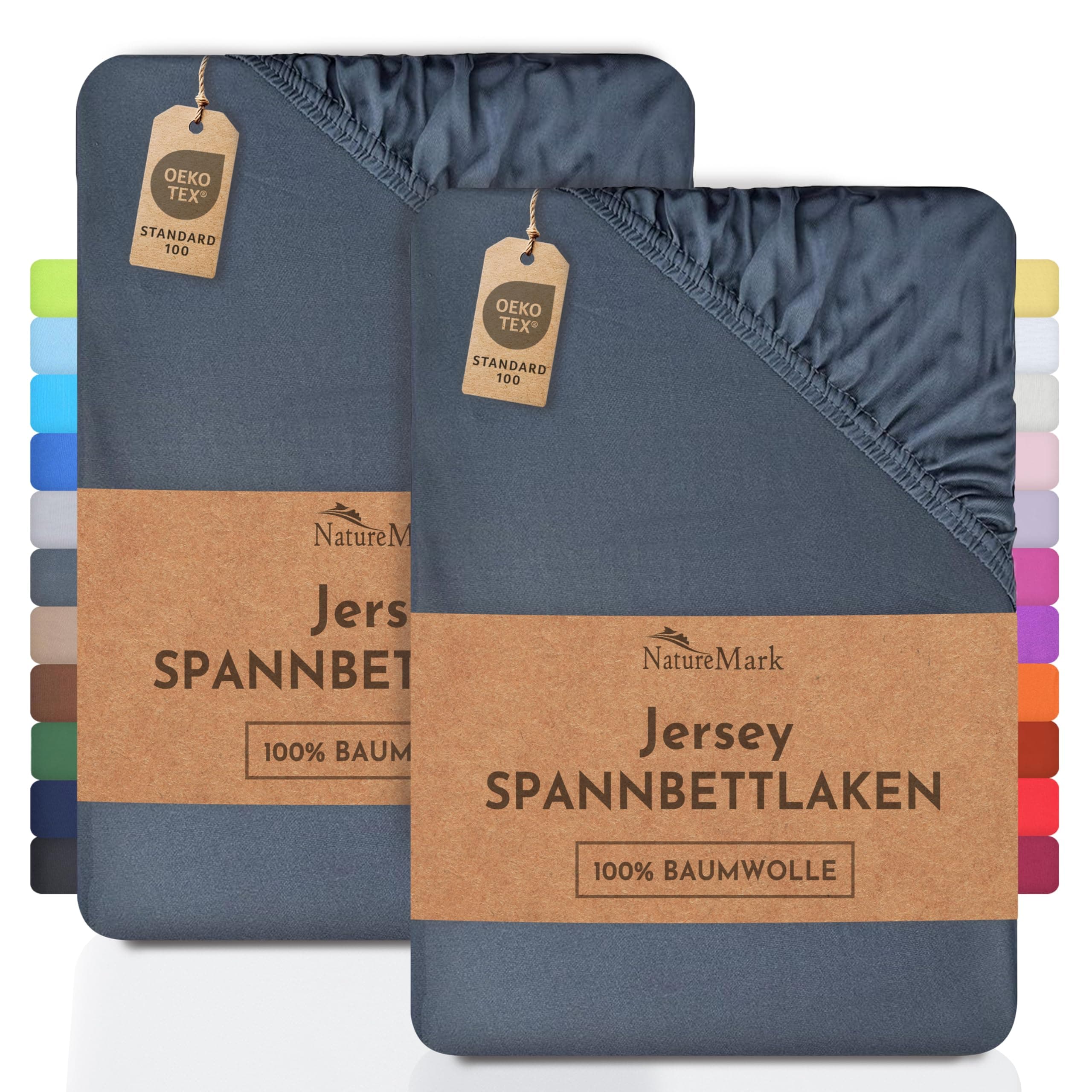 NatureMark 2er-Pack Jersey-Spannbettlaken – 100% Baumwolle, Öko-TEX Standard 100, elastisch, 90×190–100×200 cm, Anthrazi