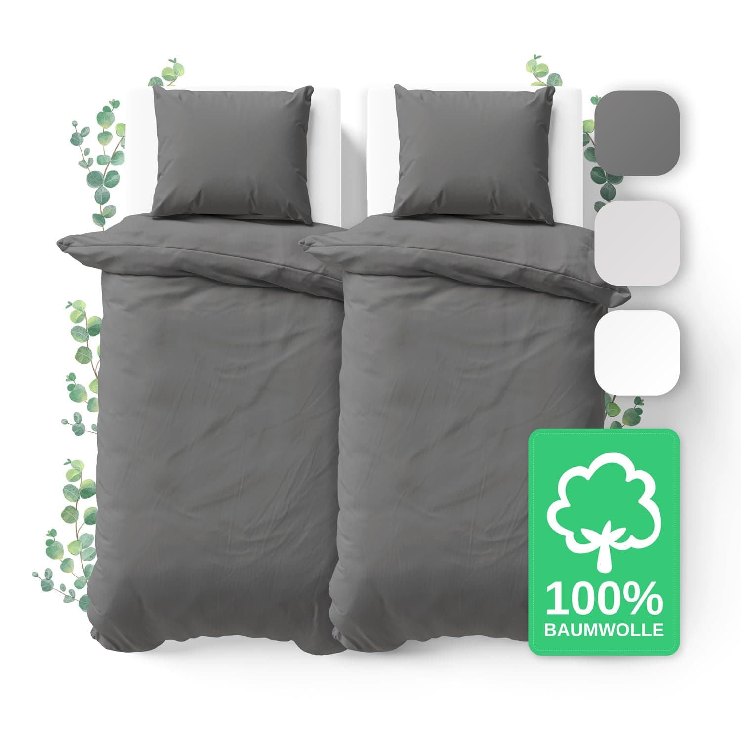 JACOBSON Bettwäsche-Set 135x200 – 100% Baumwolle Perkal, OEKO-TEX STANDARD 100 – 4-teilig (2×135x200 + 2×80x80), Anthraz