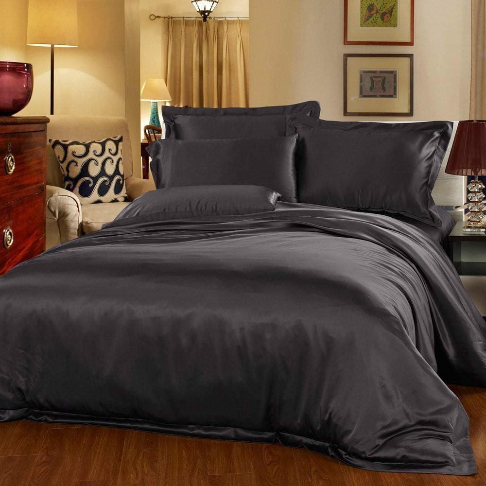 100% Maulbeerseide Bettbezug 200x220 – Luxus 19 Momme, 4‑teiliges Set, Einfarbig Schwarz, Hypoallergen & Atmungsaktiv
L