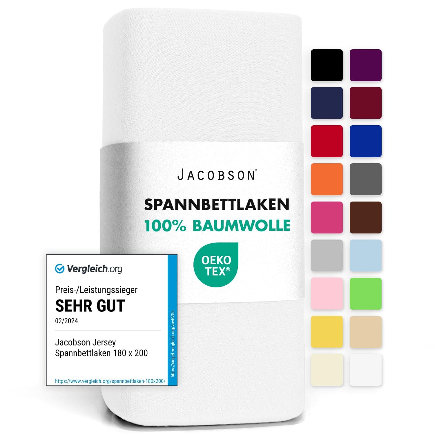 Jacobson Jersey-Spannbettlaken aus Baumwolle – OEKO-TEX STANDARD 100, 180x200–200x200 cm, Weiß